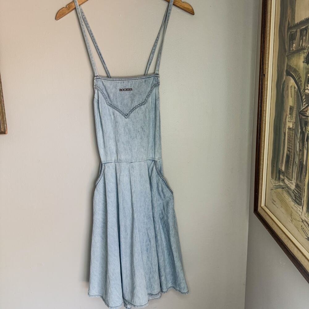 Vintage 90s Rockies Light Wash Denim Western Pinafore Overall Dress Size XS